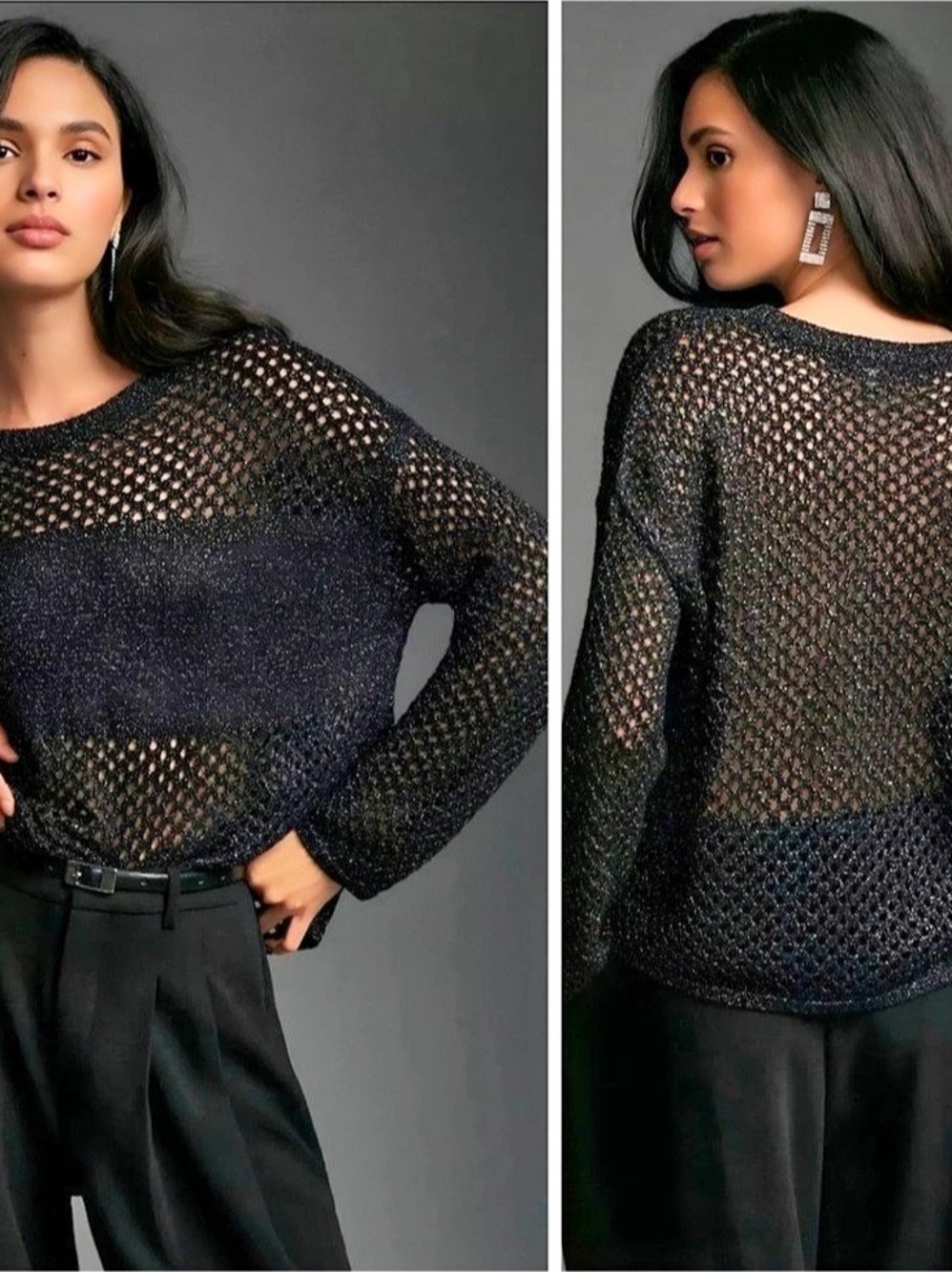 Anthropologie Pilcro Metallic Open-Knit Pullover Black Sweater